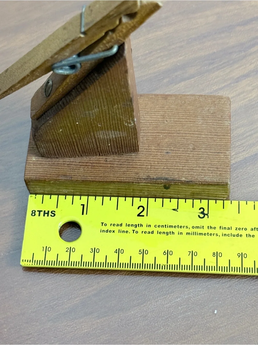 Vintage Handmade Wooden Clothespin Recipe Card Holder on Wooden Base